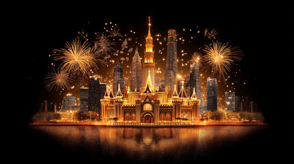 Naklejka premium Magical Cityscape Fireworks 