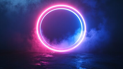Neon blue and pink circular platform with sharp beams of light extending upward creating a teleportation device effect in a dark misty scene with side empty space for text Stockphoto style