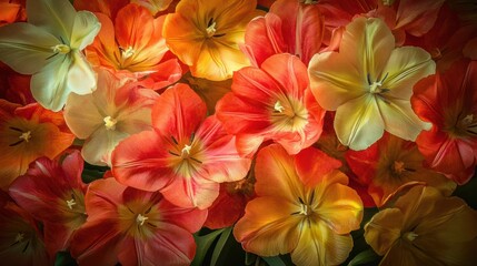 Obraz premium Cluster of vibrant tulips, creating a cheerful and lively flower background