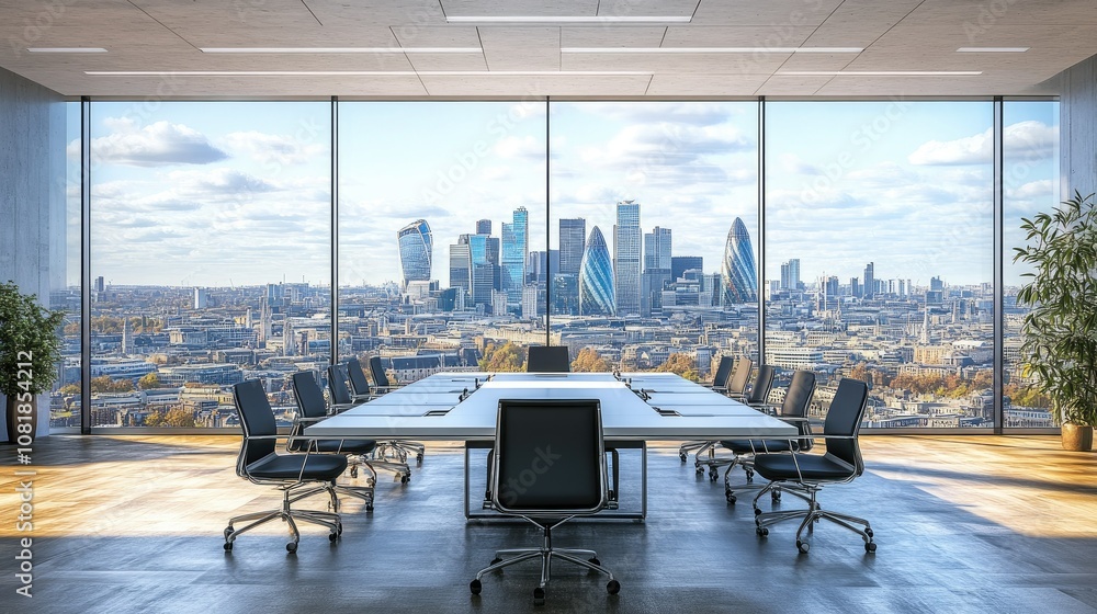 Poster modern boardroom with a large window view of a cityscape
