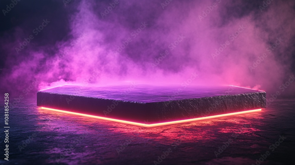 Fototapete Futuristic glowing hexagon platform with intense neon purple beams rising against a mist-filled dark backdrop creating a sci-fi portal effect with side empty space for text Stockphoto style
