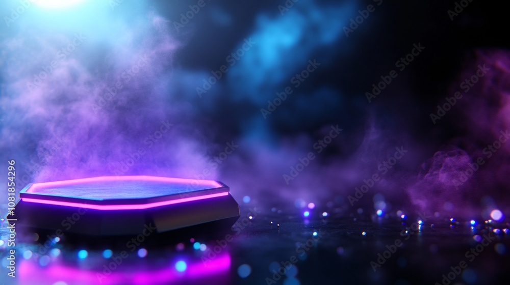 Poster Futuristic glowing hexagon platform with intense neon purple beams rising against a mist-filled dark backdrop creating a sci-fi portal effect with side empty space for text Stockphoto style