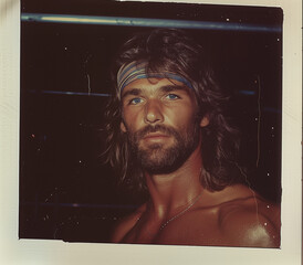 1980s gym guy vintage retro nostalgic old school blue eyes shirtless confident serious long mullet beard fitness bodybuilding polaroid