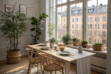 Fototapeta premium Cozy Scandinavia-Inspired Dining Space Featuring a Light-Colored Dining Table Surrounded by Minimalist Decor and Natural Elements in an Urban Exploration Setting