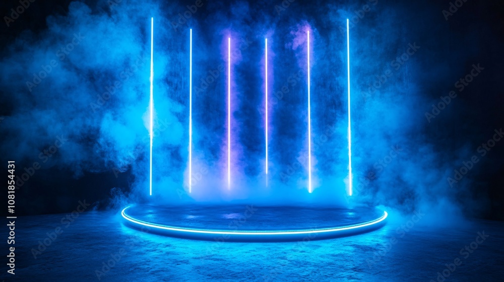 Poster Radiant blue circular stage with sharp vertical neon lights against a dense fog background resembling a teleportation platform with side empty space for text Stockphoto style