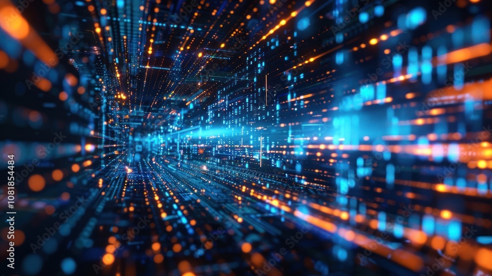 Poster abstract digital tunnel with glowing blue and orange lines and particles, representing data flow, co
