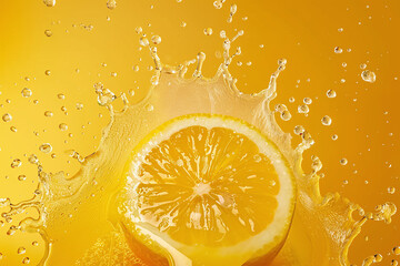 Fresh Lemons Splashing with Juice and Leaves, Vibrant Yellow Citrus Fruit Close