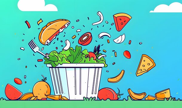 Food waste bin illustration, garbage compost leftover kitchen trash can