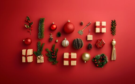 Knolling Christmas decoration accessories, elegant festive holiday red greeting card decor