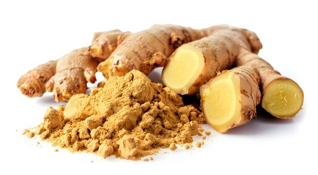 Ginger powder white background, fresh spice herb healthy food raw ingredient