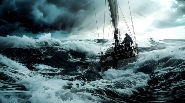 Man boat rough sea storm ocean, challenges obstacles adversity adventure