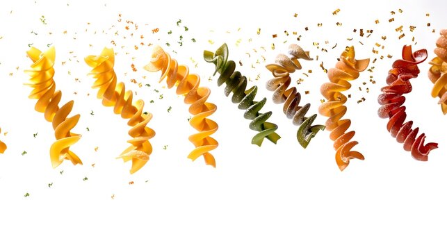 Colorful pasta in the air, Italian cuisine noodles food floating fun white background