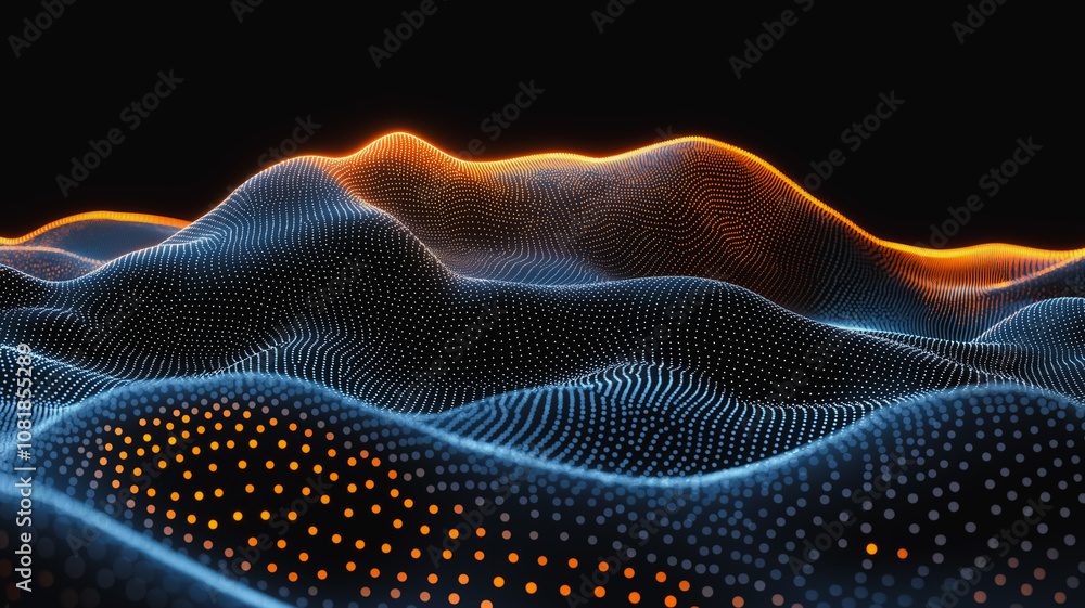 Poster a computer generated image of a mountain range with orange and blue colors. the image has a futurist