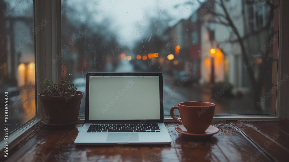Poster a laptop is open on a table next to a cup of coffee. the laptop is empty and the coffee is in a red 