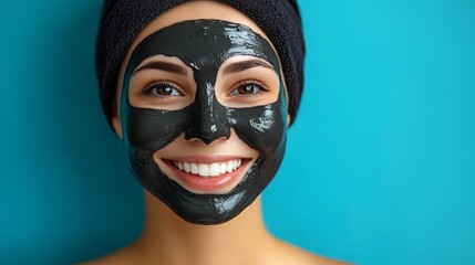 A happy smiling young woman applying a charcoal facial mask on a spa day embracing healthy beauty treatment on an aquamarine background