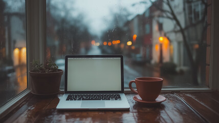 A laptop is open on a table next to a cup of coffee. The laptop is empty and the coffee is in a red mug. The scene is set in a city with a view of the street outside. The rain is falling