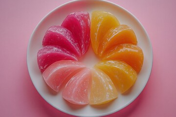 Colorful jelly candies arranged in a circle on a white plate.