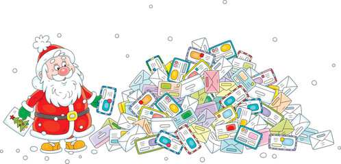Obraz premium Santa Claus and a big pile of envelopes with letters and postcards from little children before Christmas and New Year, vector cartoon illustration on a white background