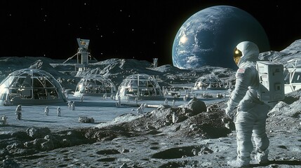 92.A detailed scene of a moon base with multiple domes forming a futuristic habitat. Astronauts are engaged in exploration and scientific activities, while Earth is visible in the background, casting