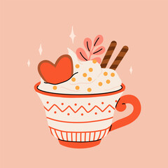 Christmas hot drink big collection. Flat cartoon beverages. Holiday cute mugs with hot cocoa, coffee, and mulled wine. New year drinks decorated with sweets and candy. Isolated vector illustration