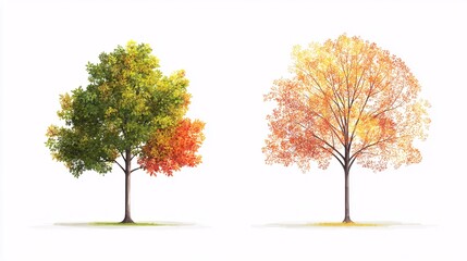 23.A detailed vector set featuring trees with green spring leaves and vibrant autumn foliage, illustrating the changing seasons. The trees are isolated against a clean background, highlighting the