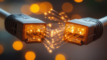 A close up of a white cable with orange sparks coming out of it. The cable is split in half, with the orange sparks coming out of the middle. Concept of energy and excitement