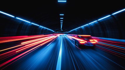 A car is driving down a long tunnel with a bright blue background. The tunnel is illuminated with blue lights, creating a sense of depth and movement. The car is the main focus of the image