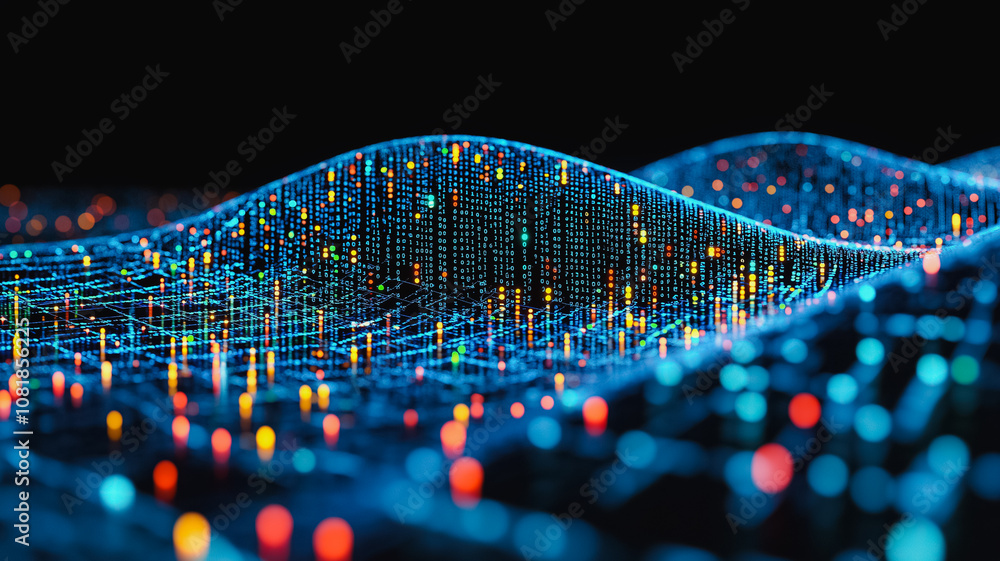Poster a computer generated image of a wave with many lights on it. the image is colorful and has a futuris