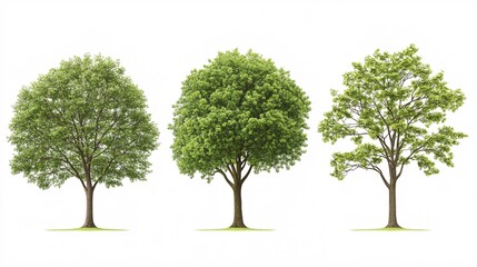 Obraz premium 53.Three distinct tree shapes, outlined with lush foliage, isolated on a crisp white background. Each tree showcases varying sizes of leaves and branches, conveying a sense of natural diversity.