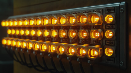 A row of yellow lights are lit up in a row. The lights are connected to a power source and are arranged in a long line. The lights are bright and warm, creating a cozy and inviting atmosphere