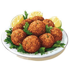 Classic Falafel with Parsley and Lemon Wedges on a Plate