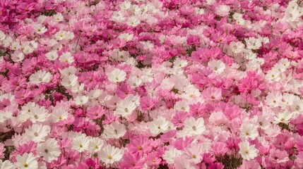 Obraz premium Field of pink and white cosmos flowers, forming a soft and cheerful floral background