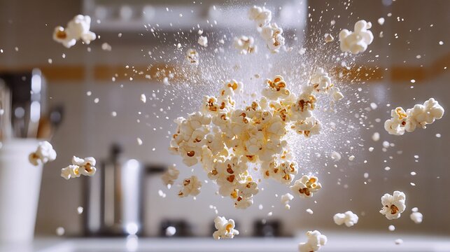 16.A flurry of popcorn kernels bursting into the air, captured mid-explosion as they turn into fluffy, golden popcorn. The kernels are in various stages of popping, suspended in motion, creating an