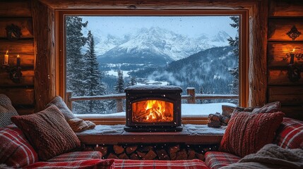 Cozy cabin with a fireplace and a snowy mountain view.