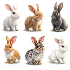 A colorful display of six adorable rabbits in various colors and patterns, showcasing their unique characteristics and charm