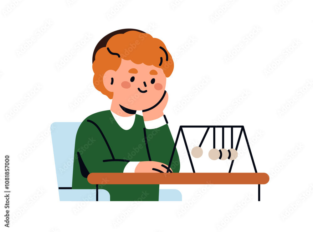 Poster boy student learning physics. curious school kid during science experiment with newton cradle, study