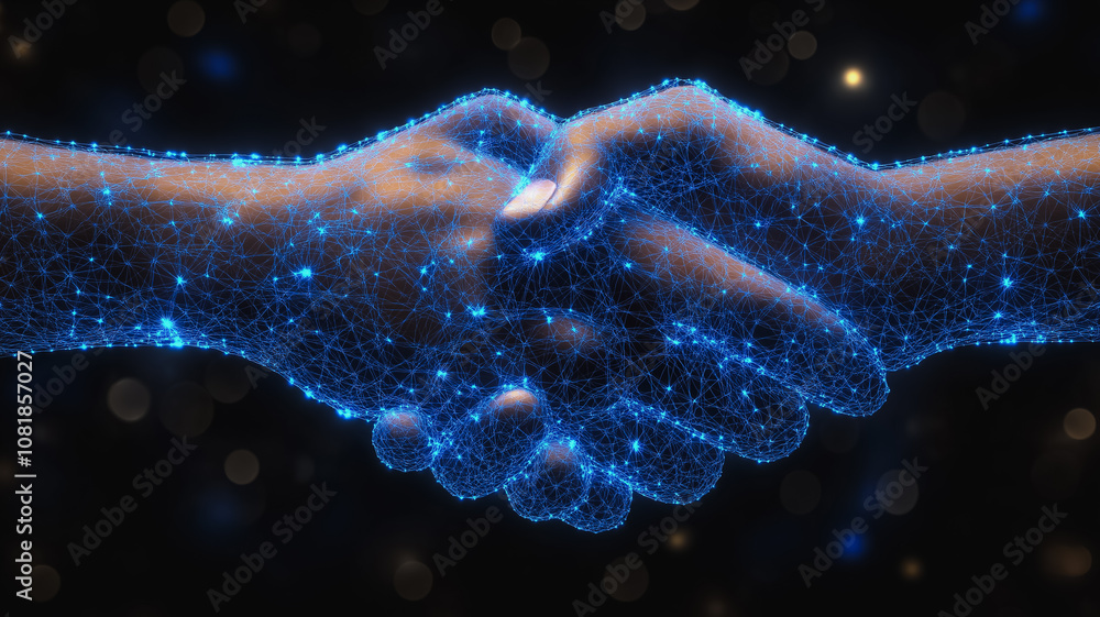 Poster a hand is shown in a handshake with another hand. the image is a representation of a handshake in a 