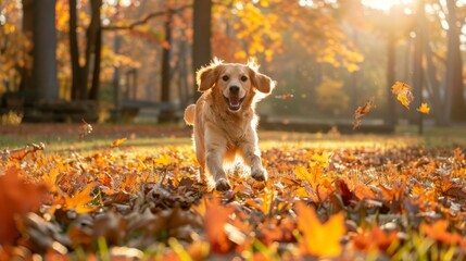 Golden retriever autumn fun. Happy dog playing in fall leaves. Joyful autumn scene, symbolizes happiness and the beauty of nature.
