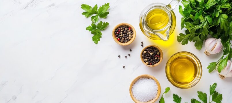 Culinary Background Fresh Herbs, Spices, Olive Oil, and Sea Salt on White Marble, Top View