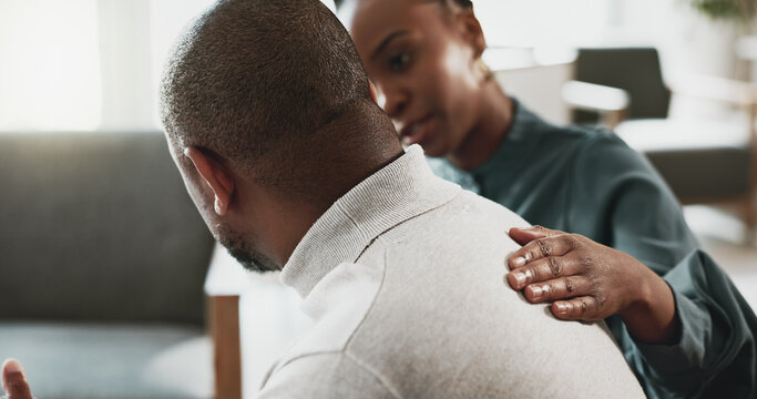 Black man, stress and empathy with therapist for therapy session or mental health at appointment. African, male person or patient with psychologist for counselling, helpful advice or consolidation