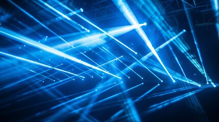 Fototapeta premium Blue laser light show. Dynamic blue laser beams intersect, creating an energetic and vibrant visual. Symbolizes innovation and technology.
