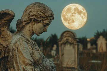 Obraz premium The moon shines brightly over an old cemetery with weathered tombstones and angel statues, evoking a mystical, eerie atmosphere in a style reminiscent of fantasy films.