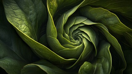 Fototapeta premium 28.A highly detailed shot of green leaves curled into a perfect spiral, emphasizing the geometric precision and natural artistry of the arrangement. The soft light enhances the textures and rich