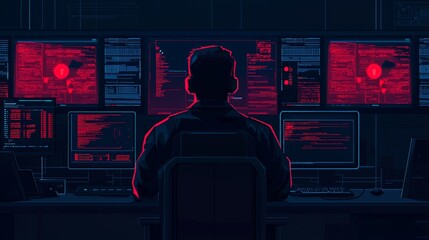 A person seated in front of multiple screens displaying data and algorithms, immersed in high-tech analysis.