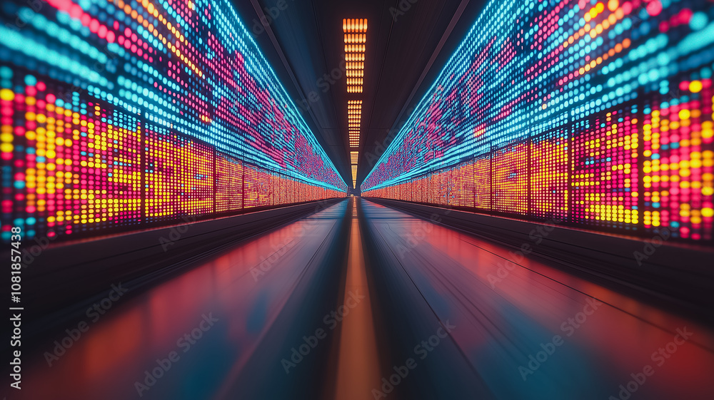 Aufkleber a long, brightly lit tunnel with neon lights. the tunnel is empty and the lights are on, creating a 
