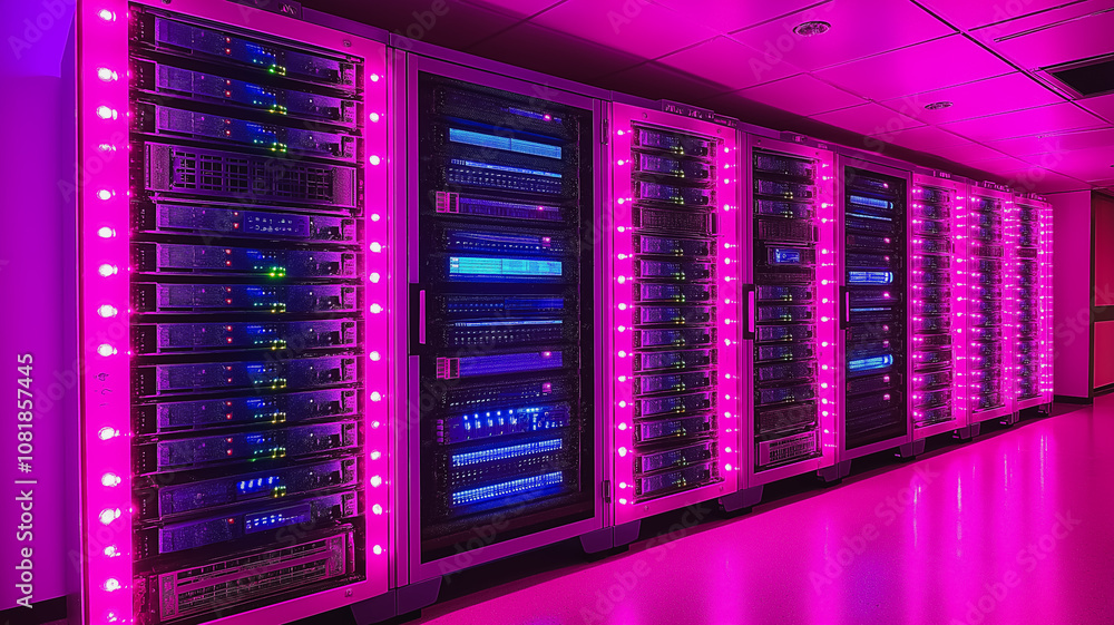 Aufkleber a row of computer servers are lit up in pink. the servers are lined up in a row and are glowing brig
