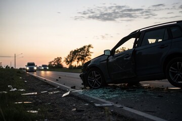 Damaged Car on Roadside After Accident: A Somber Reminder of Caution and Loss for Drivers in the Aftermath of a Crash Scene Depicting Destruction and Reflection