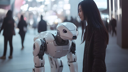 A futuristic robotic pet walking alongside its owner through a high-tech urban plaza interacting with other robotic animals.