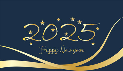 Happy New Year concept with a golden 2025 number on a dark blue background with a golden ribbon and shiny star for banner, card, and web.