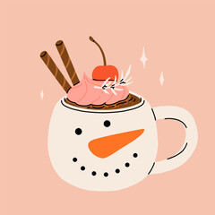 Christmas hot drink big collection. Flat cartoon beverages. Holiday cute mugs with hot cocoa, coffee, and mulled wine. New year drinks decorated with sweets and candy. Isolated vector illustration